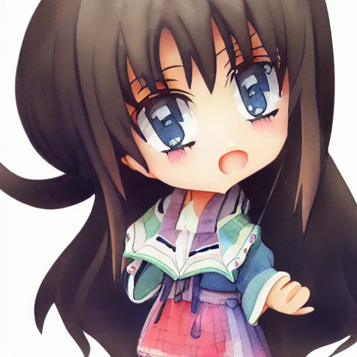 Image similar to beautiful water color concept art of face detailing cute nendoroid girl in the style of kyoto animation , toon rendering, close-up, no shade, modern art, kyoto animation, manga