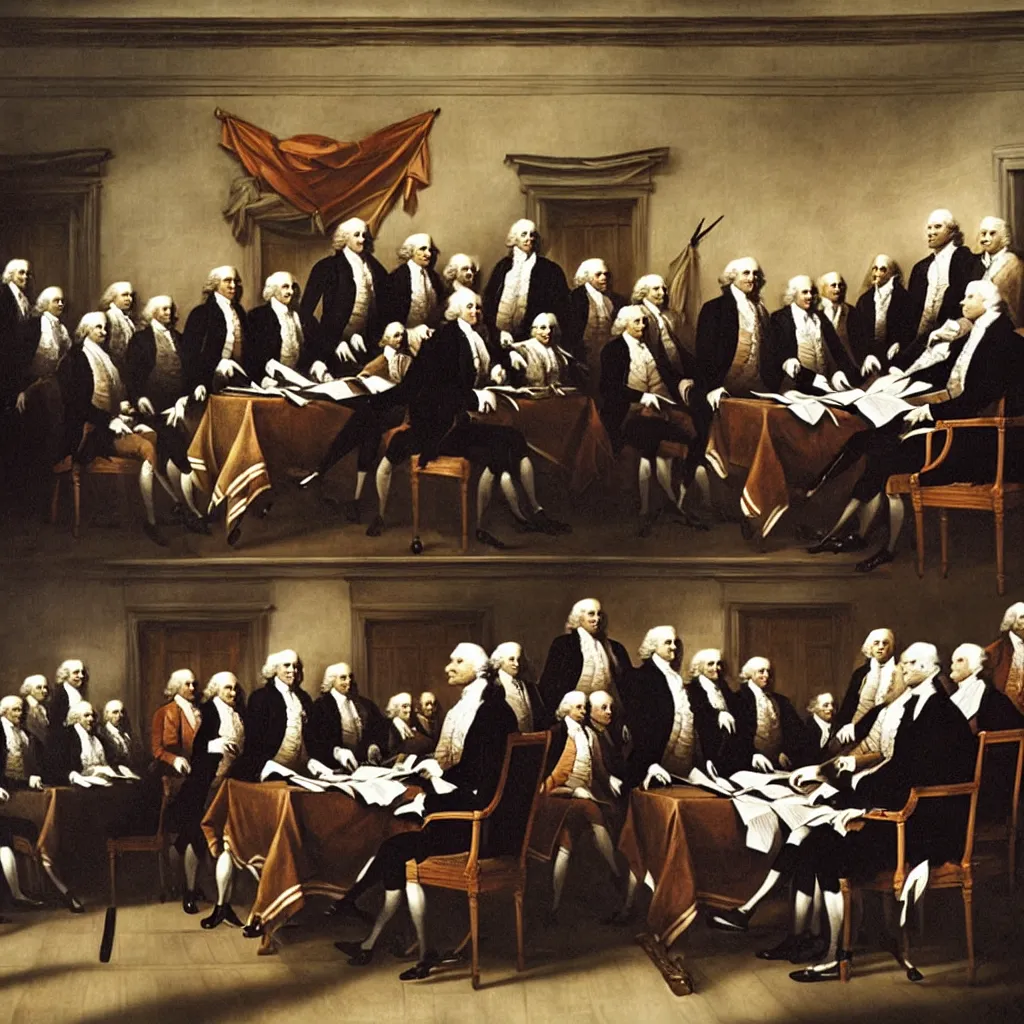 Prompt: the founding fathers as cats signing the declaration of independence, by john trumball