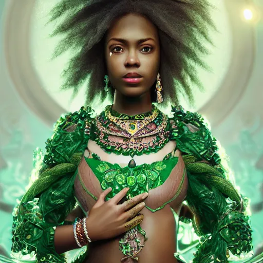 Image similar to photograph of wonderful princess with smooth dark skin, green jewelry, breathtaking, elegant, ornate, intricate, hyper detailed, accent lighting, dramatic light, 4 k octane render