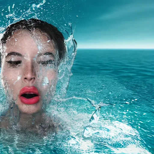 Image similar to spillin water creating a human head out of water, on the ocean water, ray tracing, realistic water sharp focus, long shot, 8 k resolution, cinematic, amazing water art