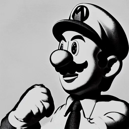 Prompt: Mario as a 1942 leader doing a speech, black and white, 4K