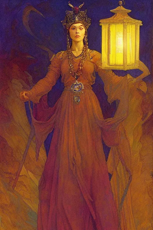 Image similar to queen of the new dawn with her lantern, by Annie Swynnerton and Nicholas Roerich and jean delville, dramatic cinematic lighting , ornate headdress , flowing robes, lost civilizations, extremely detailed