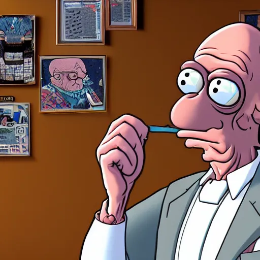 Image similar to An ultra detailed and realistic portrait of Professor Farnsworth from Futurama shouting good news to everyone, 4k, attestation