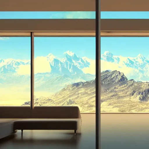 Image similar to looked at big window, mountains in background, sunny day time, clear sky, futuristic, furnitures, ultra realistic, ultra detailed, cinematic light