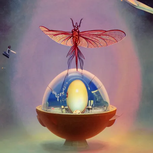 Image similar to surreal gouache painting, by yoshitaka amano, by ruan jia, by Conrad roset, by good smile company, detailed anime 3d render of big transparent resin egg in the cenrter of the screen with a magical dragonfly inside. dragonfly inside an egg, Surrounded by a big DJ Mixer, Controller deck, portrait, cgsociety, artstation, rococo mechanical and Digital and electronic, dieselpunk atmosphere