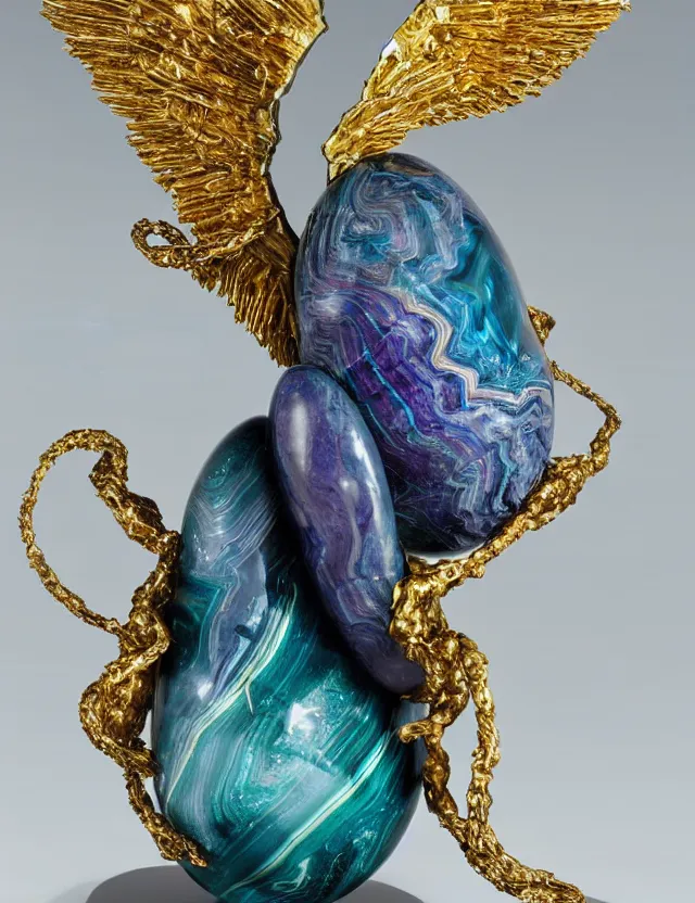 Prompt: a photo of a sculpture of a winged child made from blue and emerald and amethyst crystal geode formations with a marble egg with obsidian base with liquid gold tendrils flowing by ellen jewett by stanisław szukalski, octane render, byzantine, spirals, tendrils, elestial crystals, geode,