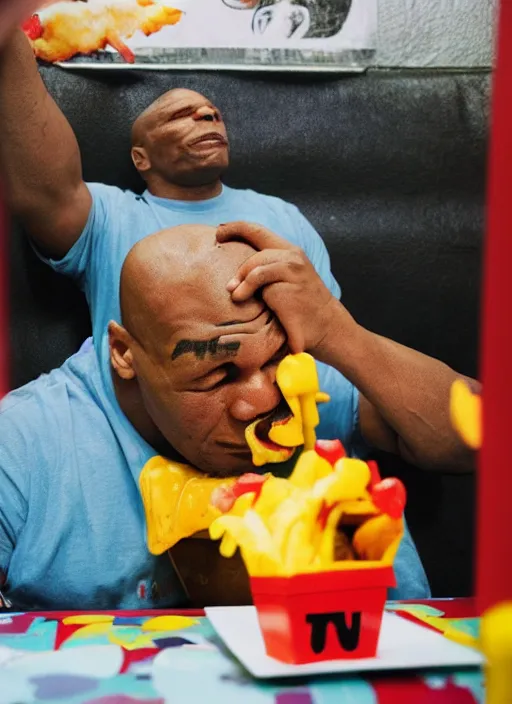 Prompt: Mike Tyson depressed eating a happy meal in the McDonalds play place, while it storms outside the building, mike tyson begins crying softly as he eats a chicken mcnugget and crushes his hamburger in his hands, ketchup spraying out of it, photograph, high quality, detailed, sharp