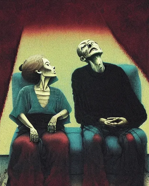 Image similar to early color photo of an old dead couple sitting on a couch in an old soviet apartment and looking at the scared enlightened boy flying up in sky, Beksinski impasto painting, part by Adrian Ghenie and Gerhard Richter. art by Takato Yamamoto, masterpiece