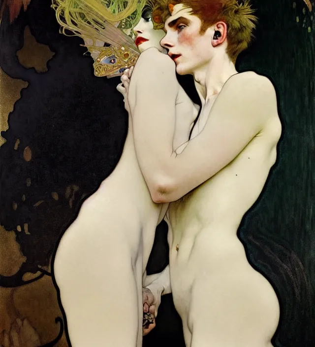 Image similar to stunning portrait of highly details androgynous e as desire from sandman, rockabilly style, white suit and black tie,, by egon shiele and alphonse mucha, with influence of jeremy mann, peter lindbergh, dave mckean, maurice sapiro, and frank moth, soft lightning, highly detailed, 8 k