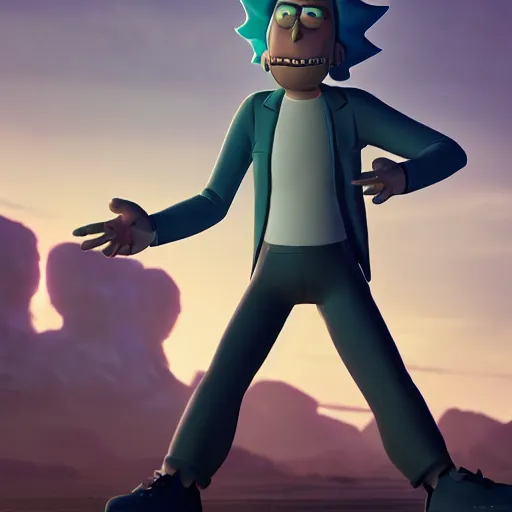 Image similar to full body pose, hyperrealistic photograph of rick sanchez from rick and morty, dim volumetric lighting, 8 k, octane beautifully detailed render, extremely hyper detailed, intricate, epic composition, cinematic lighting, masterpiece, trending on artstation, very very detailed, stunning, hdr, smooth, sharp focus, high resolution, award, winning photo, dslr, 5 0 mm