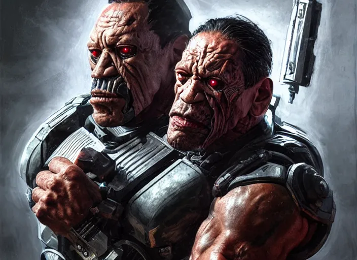 Image similar to danny trejo as victor stone, full body concept, cyborg, borg, strogg, face of a man, terminator, flesh, quake strogg, doom demon, wolfenstein, monstrous, powerful, symmetry, symmetrical, concept art by ruan jia and greg rutkowski