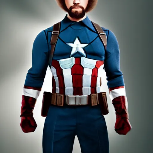 Prompt: Bob Ross as Captain America, photography, portrait