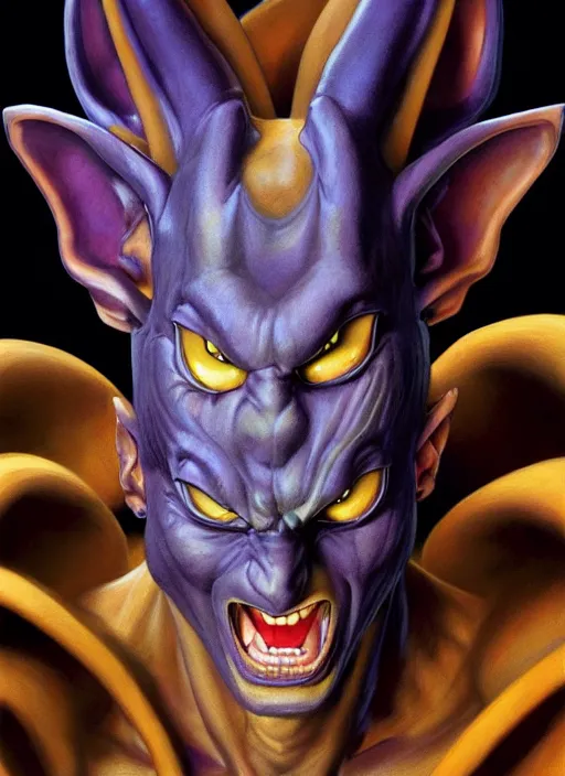 Image similar to a epic portrait of beerus, art by boris vallejo and greg danton and denys tsiperko, detailed, hyperrealism, artstation