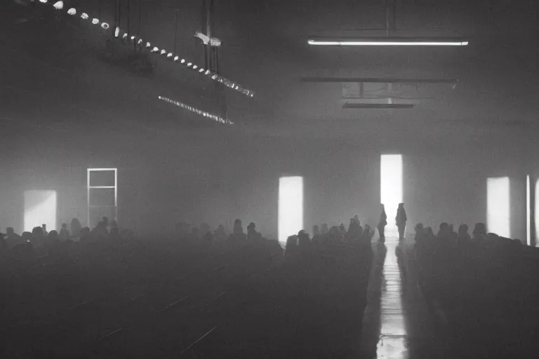 Image similar to a dark conference hall, half - occupied with people, atmospheric and obscure, red neon light, by roger deakins, cinematography, syd mead