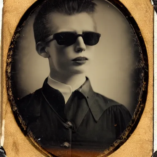 Prompt: tintype photo, vampire wearing sunglasses, sun flare