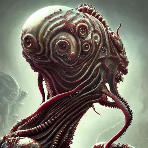 Image similar to whirling portrait of a twisting bloodied filigreed slime dripping genderless insect alien monster, muscles, rippling, space warping, ultra realistic, concept art, intricate details, eerie, highly detailed, photorealistic, octane render, 8 k, unreal engine. art by artgerm and greg rutkowski and alphonse mucha