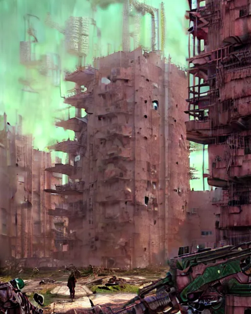 Prompt: hyperrealistic highly detailed exoskeleton mecha iridescent pink brutalist city ruins background concept art santiago caruso de chirico sharp very dramatic green light 8k low angle shallow depth of field