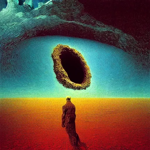 Image similar to Human peaking in wormhole - award-winning digital artwork by Salvador Dali, Beksiński, Van Gogh and Monet.
