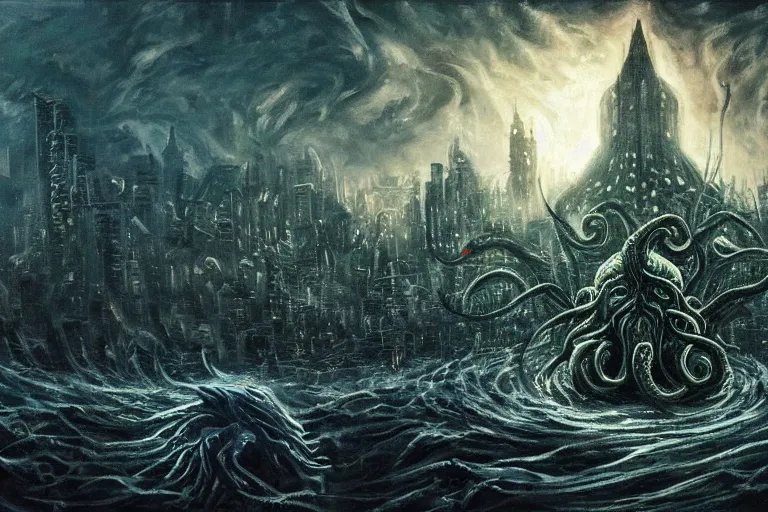 Image similar to man is seeing old god eldritch horror cthulhu terrifying the night sky of a modern city with tall buildings, epic scene, hyper - detailed, gigantic cthulhu, photo - realistic wallpaper, dark art, oil paint