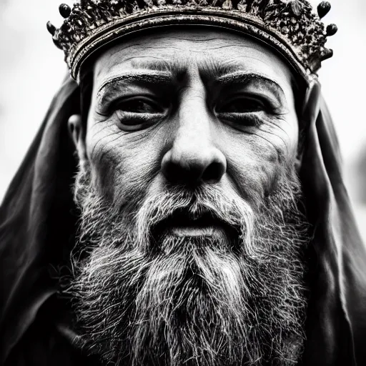 Image similar to stunning beautiful portrait photography of a face detailing medieval king with crown from national geographic magazine award winning, dramatic lighting, taken with Sony alpha 9, sigma art lens, medium-shot