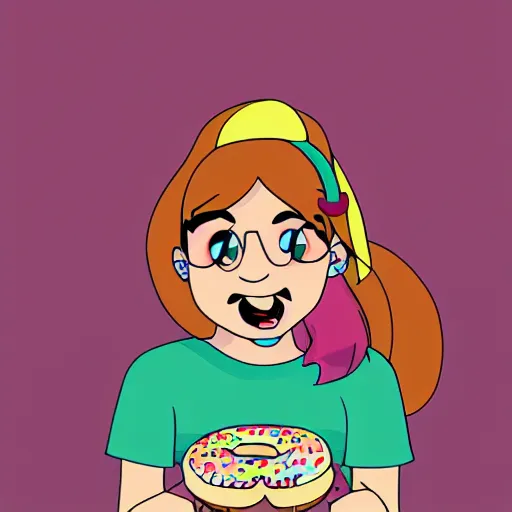 Image similar to Mabel Pines eating a donut, colourful, drawing, masterpiece, high detail, digital art, by Alex Hirsch