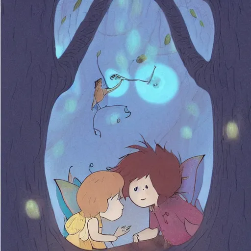 Image similar to a faerie and firefly couple living inside a hollow in a tree, masterpiece soft focus painting by kerascoet by marie pommepuy and sebastien cosset by studio ghibli, award winning illustration, bande dessinee, nostalgic painting, dynamic lighting