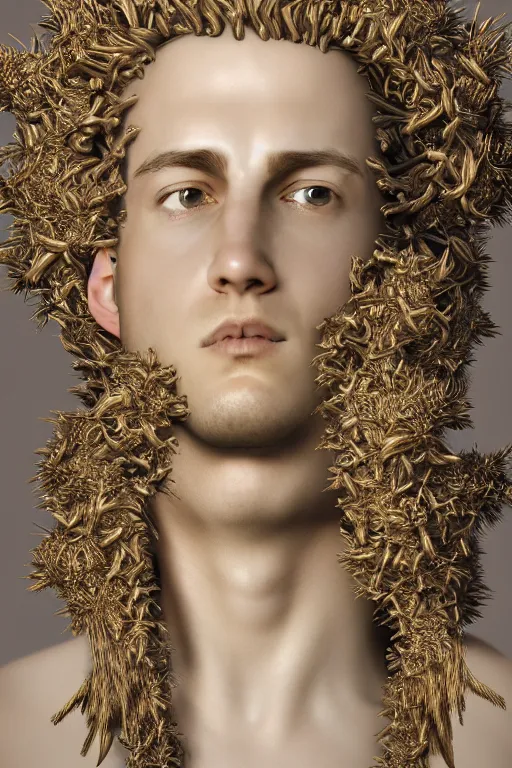 Image similar to a realistic porcelain baroque style sculpture of handsome young seductive Spanish prince with a spiky hair, wearing a crown made out of woven pipe cleaners, floating in outer space, photorealism, octane render, depth of field, 8k, 35mm, artgem, Trending on artstation
