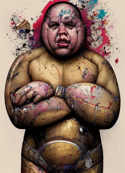 Prompt: morbidly obese ironman, by Tristan Eaton, Stanley Artgermm, Tom Bagshaw, Greg Rutkowski, Carne Griffiths. trending on DeviantArt, face enhance, hyper detailed, trending on Artstation, 8k, masterpiece, graffiti paint, fine detail, full of color, intricate detail, golden ratio illustration