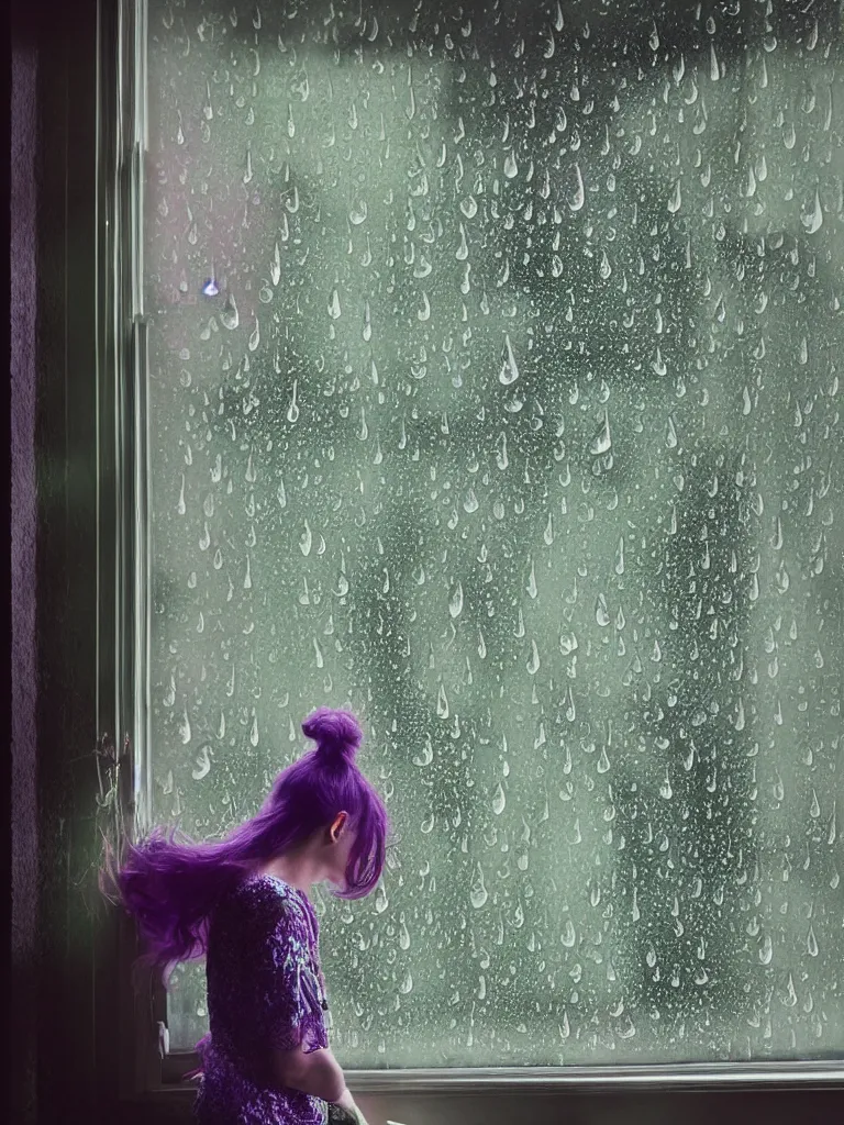 Image similar to there's so many raindrops on the window that you can barely make out the sad model on the other side photographed by Mark Seliger, green and purple hair, nighttime, city light reflections