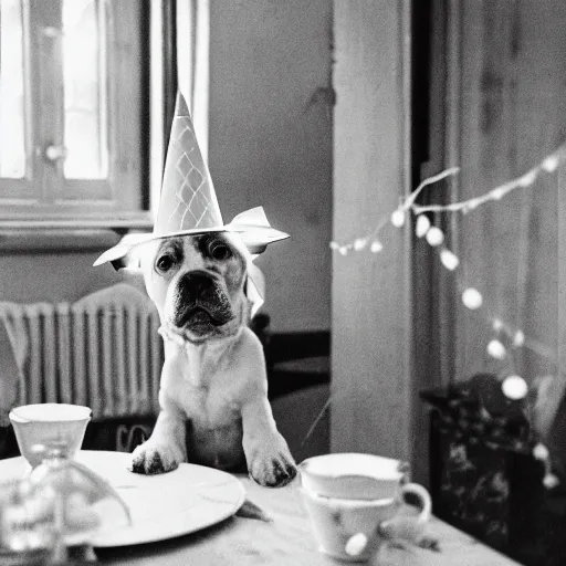 Prompt: vintage photo of a cute puppy wearing a cone party hat with a defocused birthday cake with lit candles in the foreground, in a country home midday on a kitchen table, grainy photo