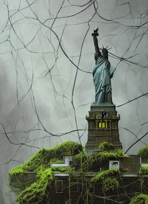 Image similar to hyper detailed painting of the statue of liberty; cracked, decaying, covered in moss and vines; thunderstorm; moody cinematic lighting, painted by Greg Rukowtski, trending on Artstation