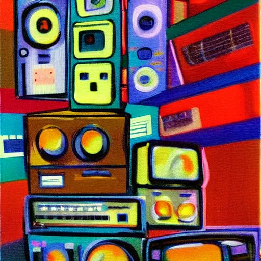 Prompt: fuzzy, array of crt televisions, tv static, antenna, stacked, polaroid, steroids, adult video store, impressionist painting, painting, acrylic painting, cell shaded