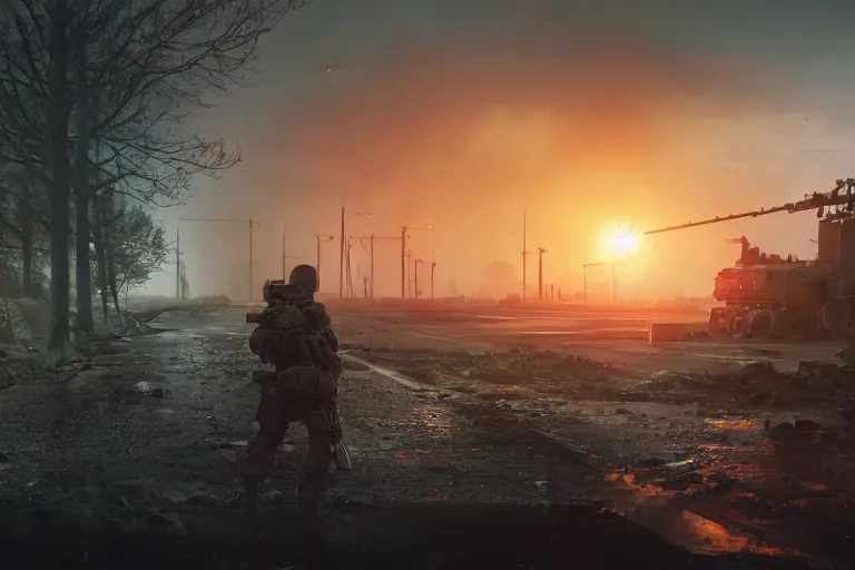 Image similar to soldier battlefield 4 by simon stalenhag and robbert sammelin and eric persson, in - game screenshot, battlefield 4, 4 k, hd wallpaper, hdr, tonemapping, detailed, atmospheric, global illumination, majestical lighting, saturated, wet, ray tracing, anamorphic lens, chromatic aberration, vivid pastel color scheme, lens flare