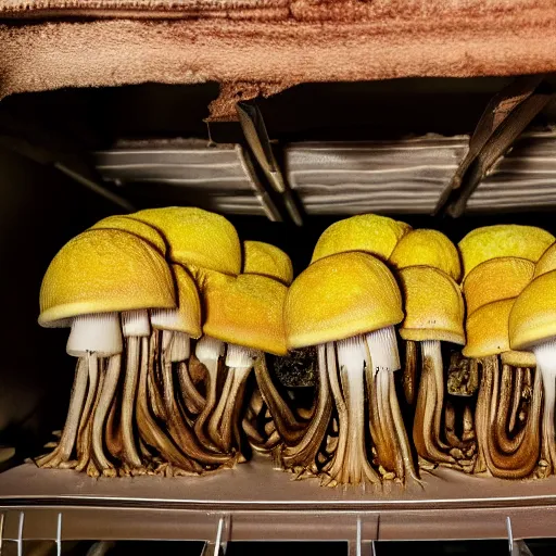 Image similar to realistic photo of golden teacher mushrooms growing inside a closet