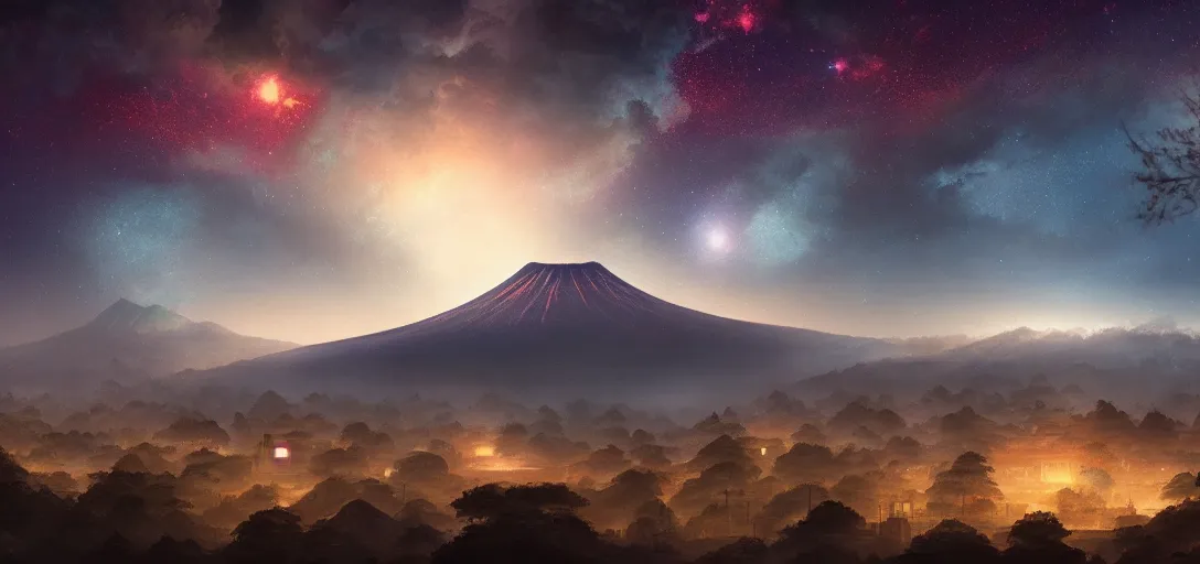 Prompt: view of an ancient japanese city at night, temples, trees, dormant volcanoes in the background, galaxy nebula, dramatic clouds, glowing fog, dramatic lighting, ultra detailed, sharp, ambient occlusion, raytracing, by greg rutowski, paul chadeisson and jessica rossier