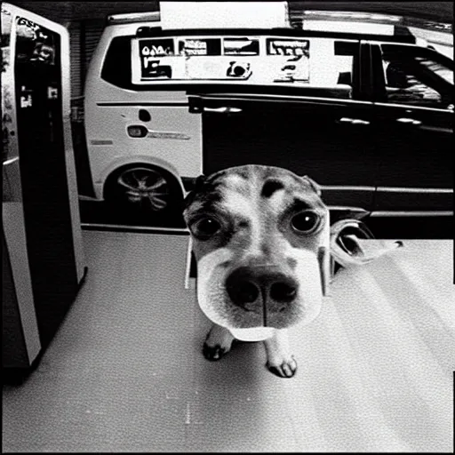 Prompt: “cctv footage of dog in gas station”