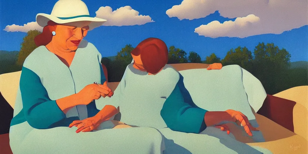 Prompt: knitting grandma, blue sky, summer evening, kenton nelson