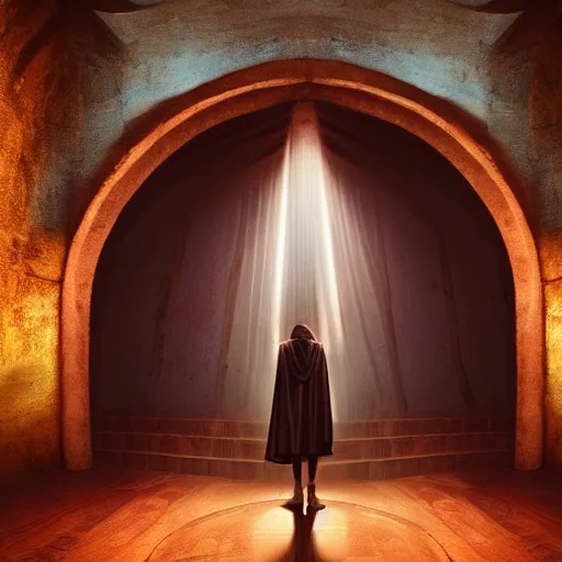 Image similar to a wizard in a cloak standing in front of a portal to wisdom, tall door, high ceiling, magic light, light beam, cinematic atmosphere, high definition, ultra detailed