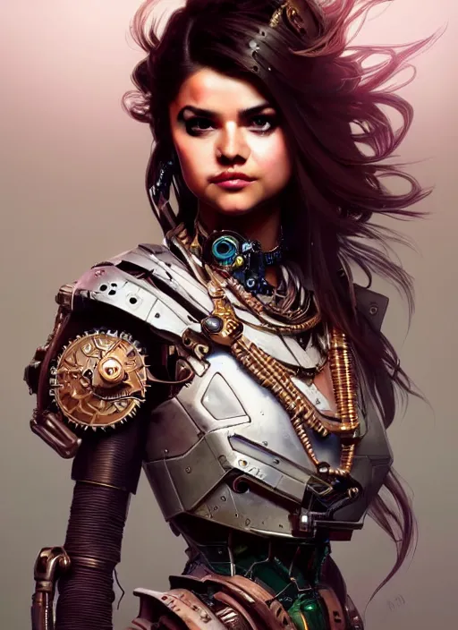 Prompt: portrait of selena gomez, robot steampunk, floral! horizon zero dawn machine, intricate, elegant, highly detailed, ray tracing, digital painting, artstation, concept art, smooth, sharp focus, illustration, art by artgerm and greg rutkowski and alphonse mucha, 8 k