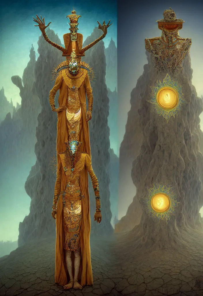 Image similar to gediminas pranckevicius portrait and fullbody of fractal tarot sun figure person amazing desert lich pharaoh, ultra realistic, concept art, intricate details, eerie, highly detailed, photorealistic, octane render, 8 k, unreal engine. art by artgerm and greg rutkowski and charlie bowater and magali villeneuve and alphonse mucha