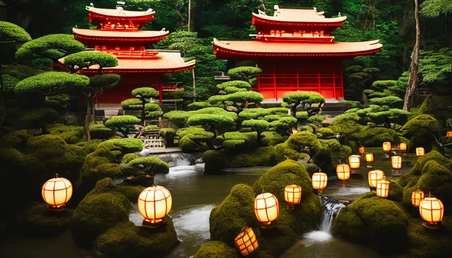 Image similar to a very cozy and surreal magical Japanese temple in a lush waterfall garden, in the style of Gucci and Wes Anderson, photographed by Petra Collins, glowing lights and floating lanterns, magic details, very detailed, 8k, cinematic look