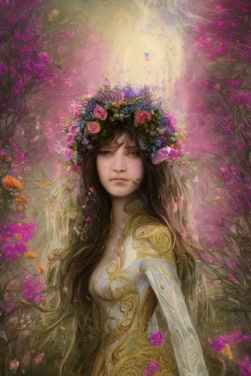 Image similar to elaborately detailed close up portrait of an extremely beautiful girl with long dark hair surrounded by flowers, an eerie mist and ethereal rainbow bubbles, Aetherpunk, high fantasy professionally painted digital art painting, fantasy matte painting movie poster, Art Nouveau, smooth, sharp focus, atmospheric lighting, highly detailed illustration highlights, backlight, golden ratio, 8K detail post-processing, symmetrical facial features, rich deep moody colors, majestic, dark epic fantasy, award winning picture, sense of awe, featured on DeviantArt, trending on cgsociety