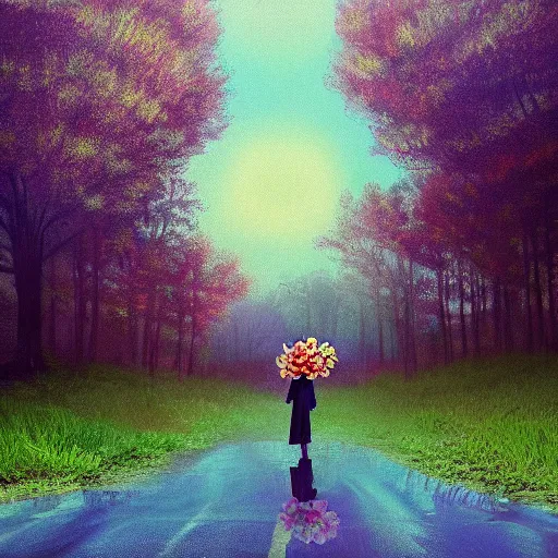 Image similar to giant carnation flower head, girl in a suit, on a path, surreal photography, sunrise, dramatic light, impressionist painting, digital painting, artstation, simon stalenhag