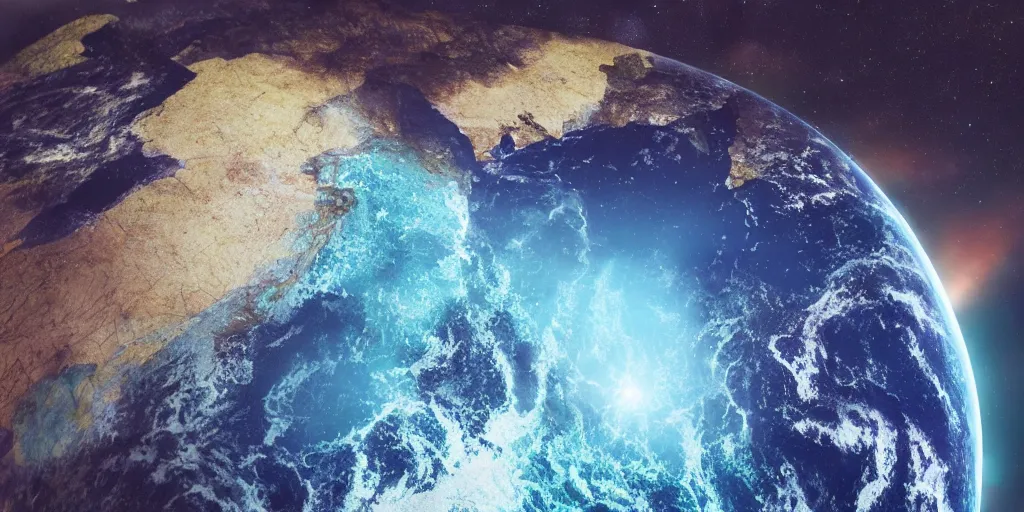 Image similar to carved diorama of the earth being obliterated by cosmic ocean waves, octane render, 3d, epic scale, statue, pearlescent