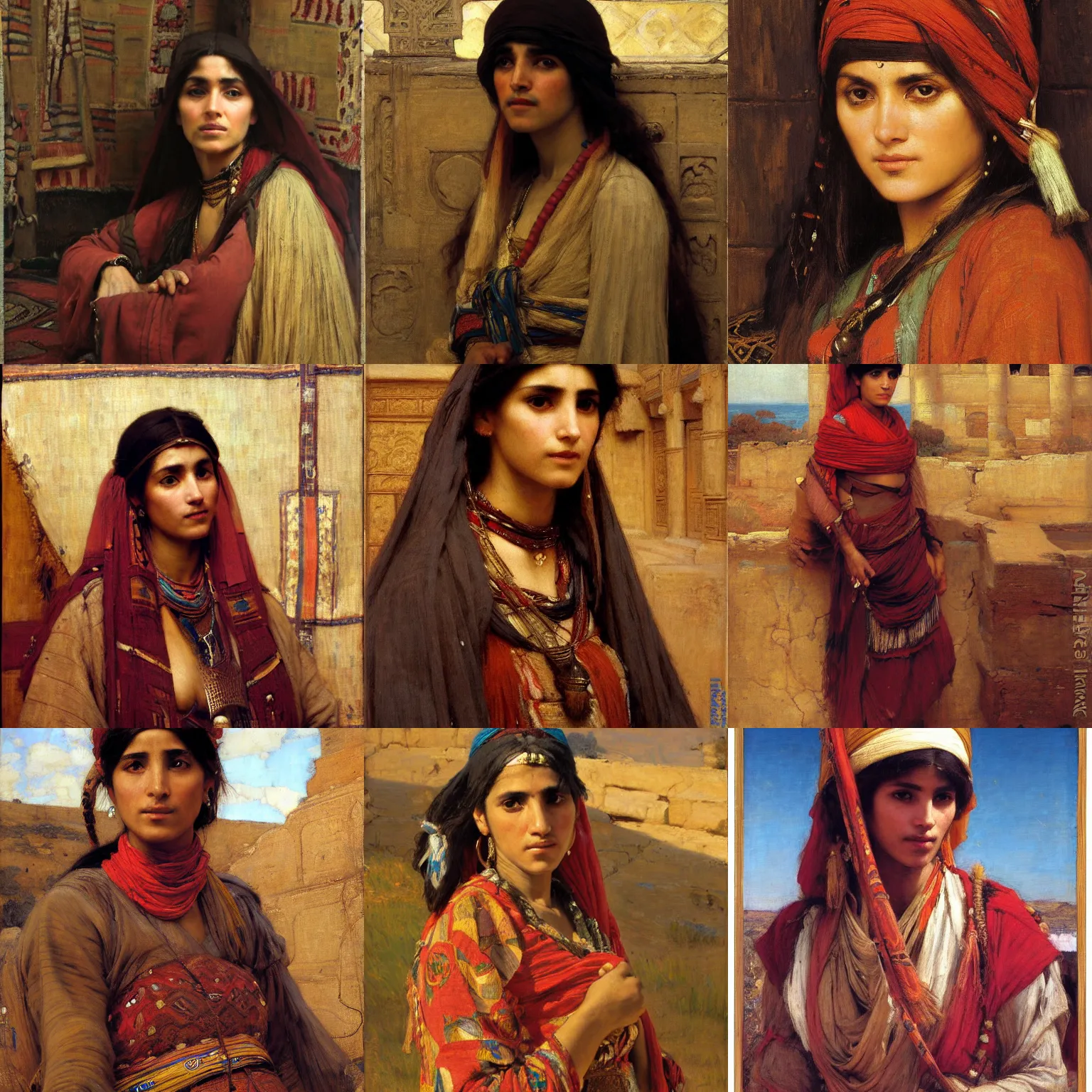 Prompt: orientalist painting of a north African nomad woman intricate portrait by john william waterhouse and Edwin Longsden Long and Theodore Ralli and Nasreddine Dinet, oil on canvas. Cinematic, hyper realism, dramatic lighting, high detail 8k