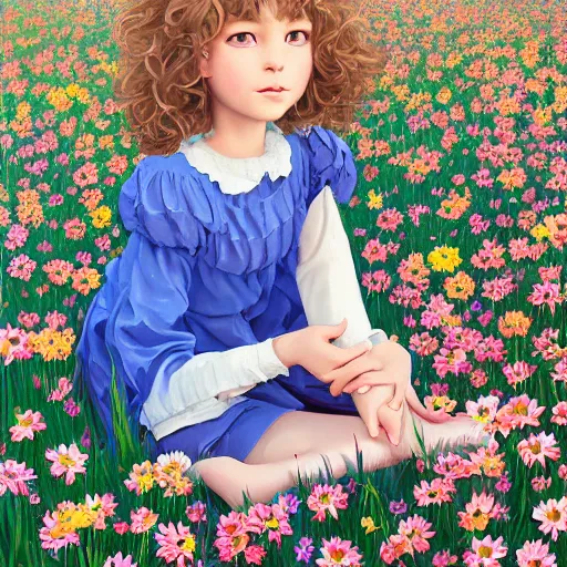 Prompt: a painting of a little girl with short wavy curly light brown hair and blue eyes, sitting in a field of flowers. beautiful detailed face line art by ilya kuvshinov and raymond swanland