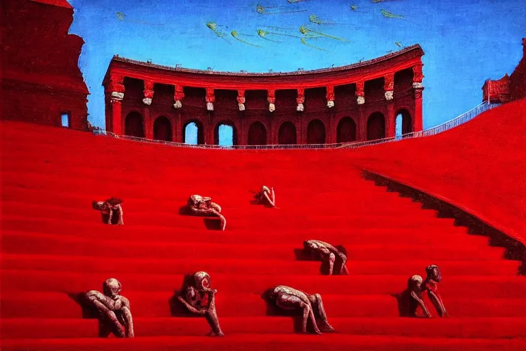 Image similar to only with red, a red great emperor, taormina amphitheatre, crowd with big smile, in the style of beksinski, parts by edward hopper, parts by rodcenko, parts by yue minjun, intricate and epic composition, red by caravaggio, insanely quality, highly detailed, masterpiece, red light, artstation, 4 k