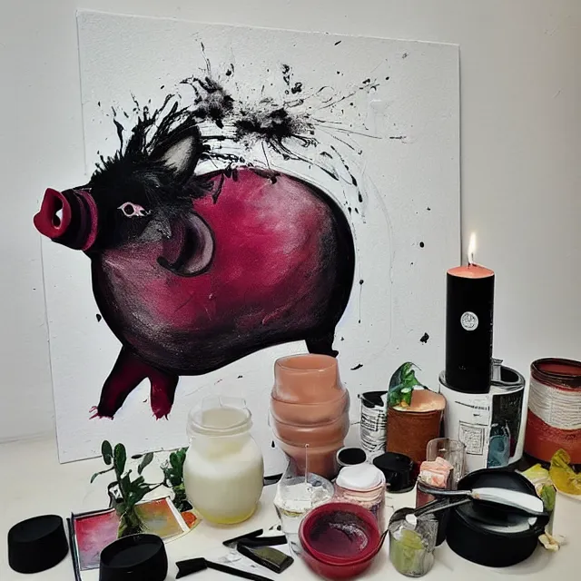Prompt: “ a portrait in a female art student ’ s apartment, sensual, a pig sculpture work in progress, art supplies, paint tubes, ikebana, herbs, a candle dripping white wax, black walls, squashed berries, berry juice drips, acrylic and spray paint and oilstick on canvas, surrealism, neoexpressionism ”