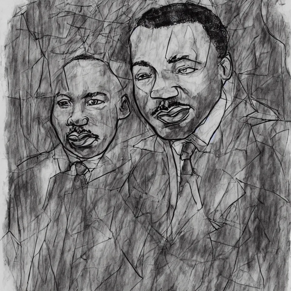 Image similar to A loose messy wild ink sketch portrait of Martin Luther King in the style of Ralph Steadman and Paul Klee, caricature, dramatic