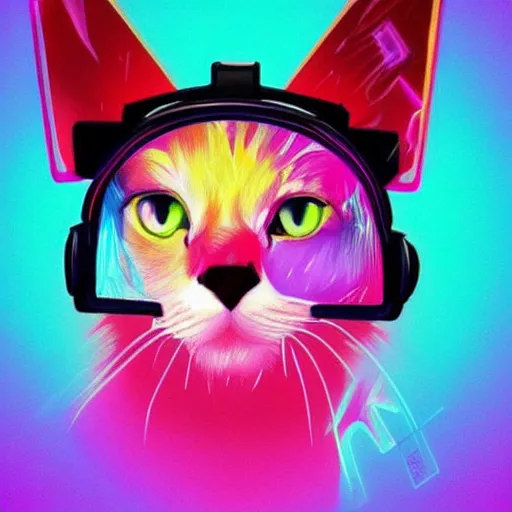 Prompt: vaporwave color scheme, cat wearing a vr headset, vaporwave poster illustration, artstation trending, pinterest
